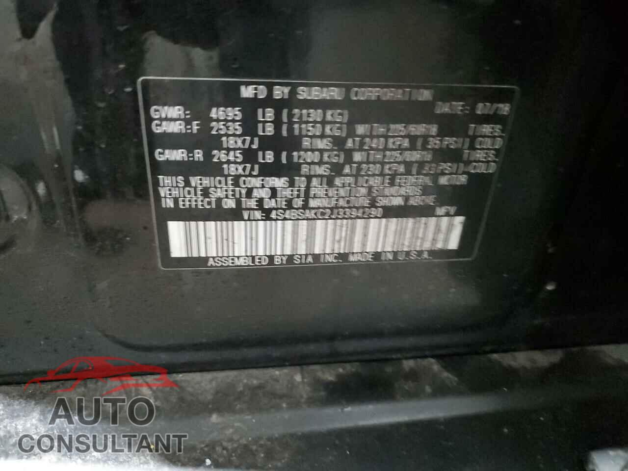 SUBARU OUTBACK 2018 - 4S4BSAKC2J3394290