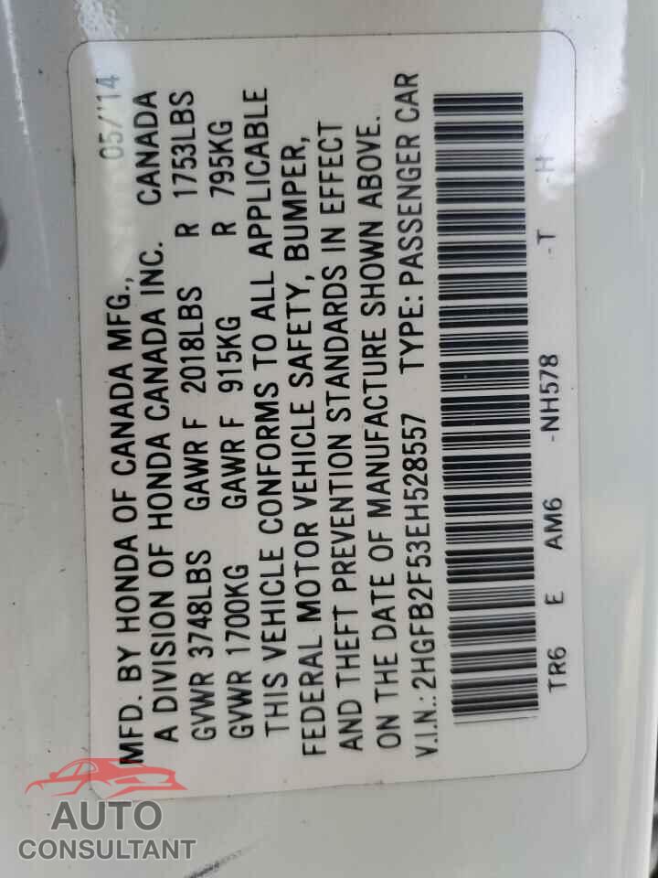 HONDA CIVIC 2014 - 2HGFB2F53EH528557