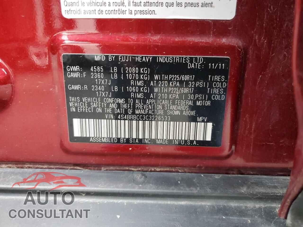 SUBARU OUTBACK 2012 - 4S4BRBCC3C3226533