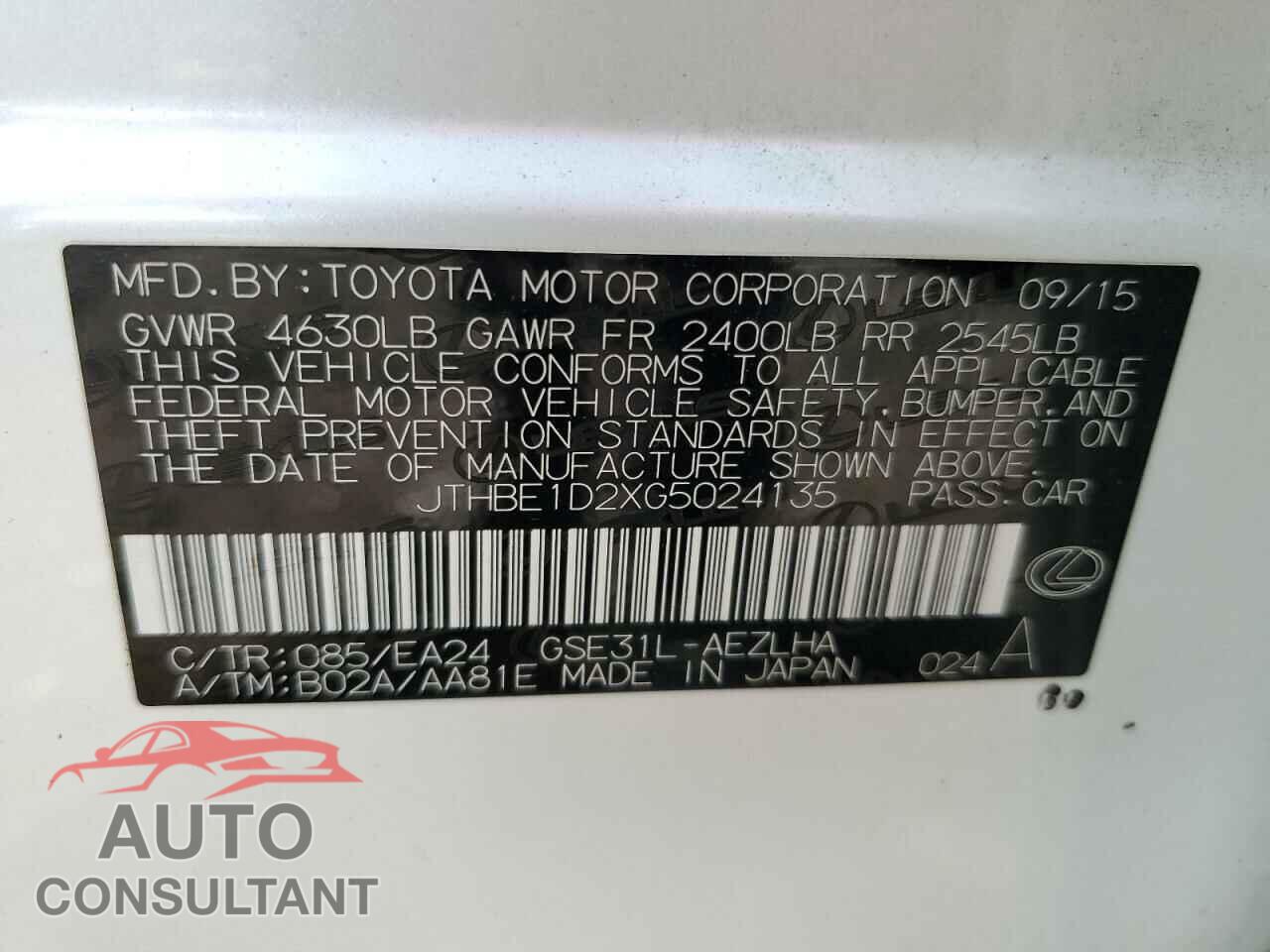 LEXUS IS 2016 - JTHBE1D2XG5024135