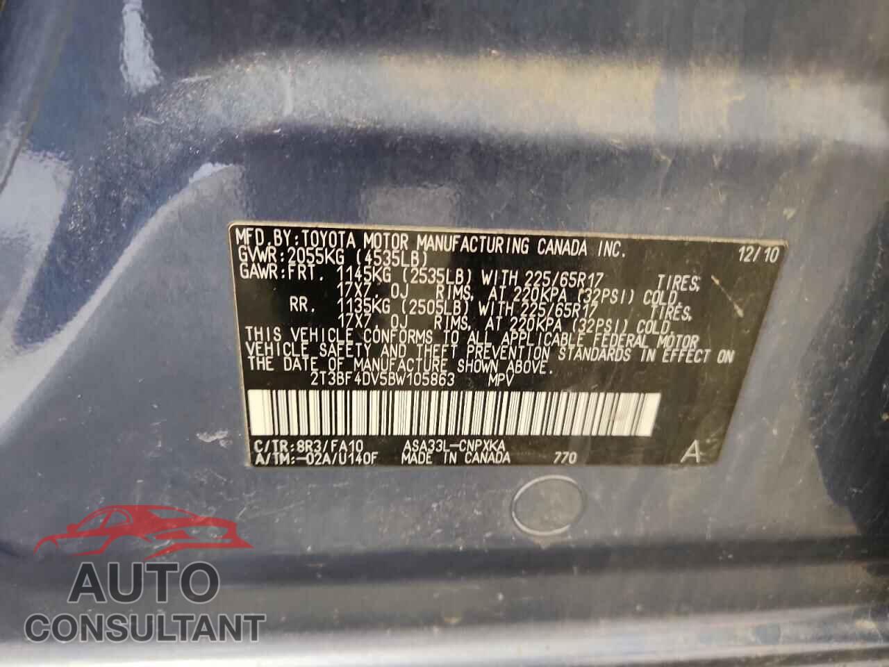TOYOTA RAV4 2011 - 2T3BF4DV5BW105863