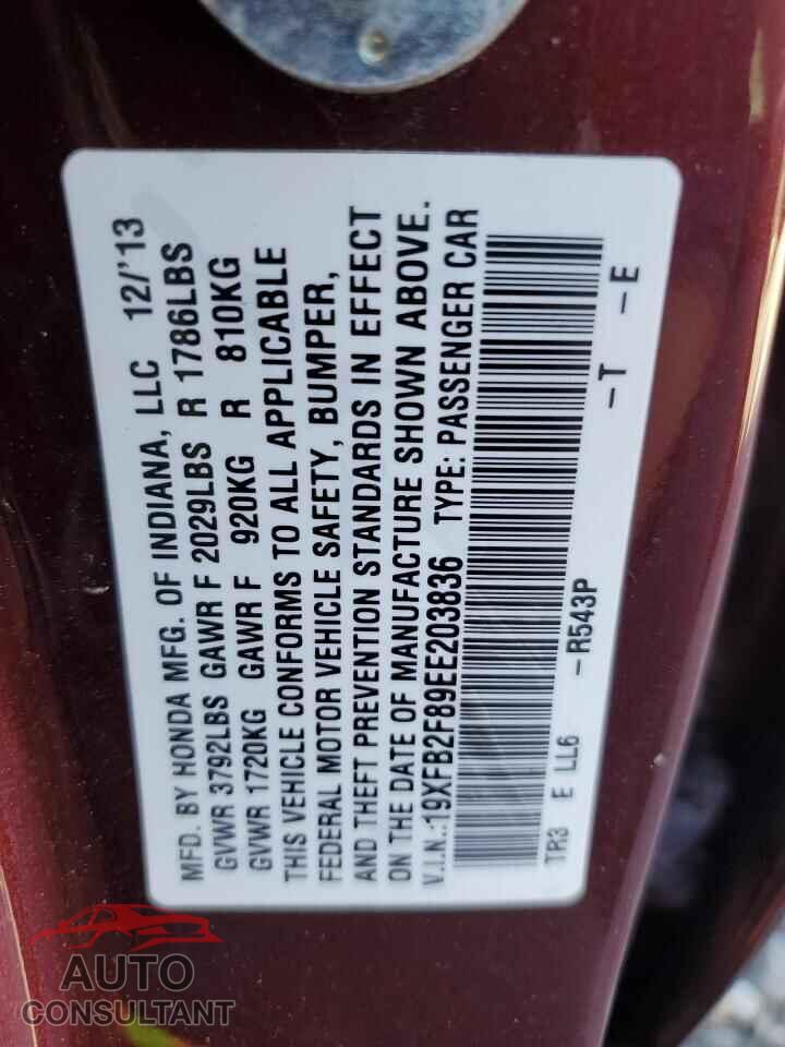 HONDA CIVIC 2014 - 19XFB2F89EE203836