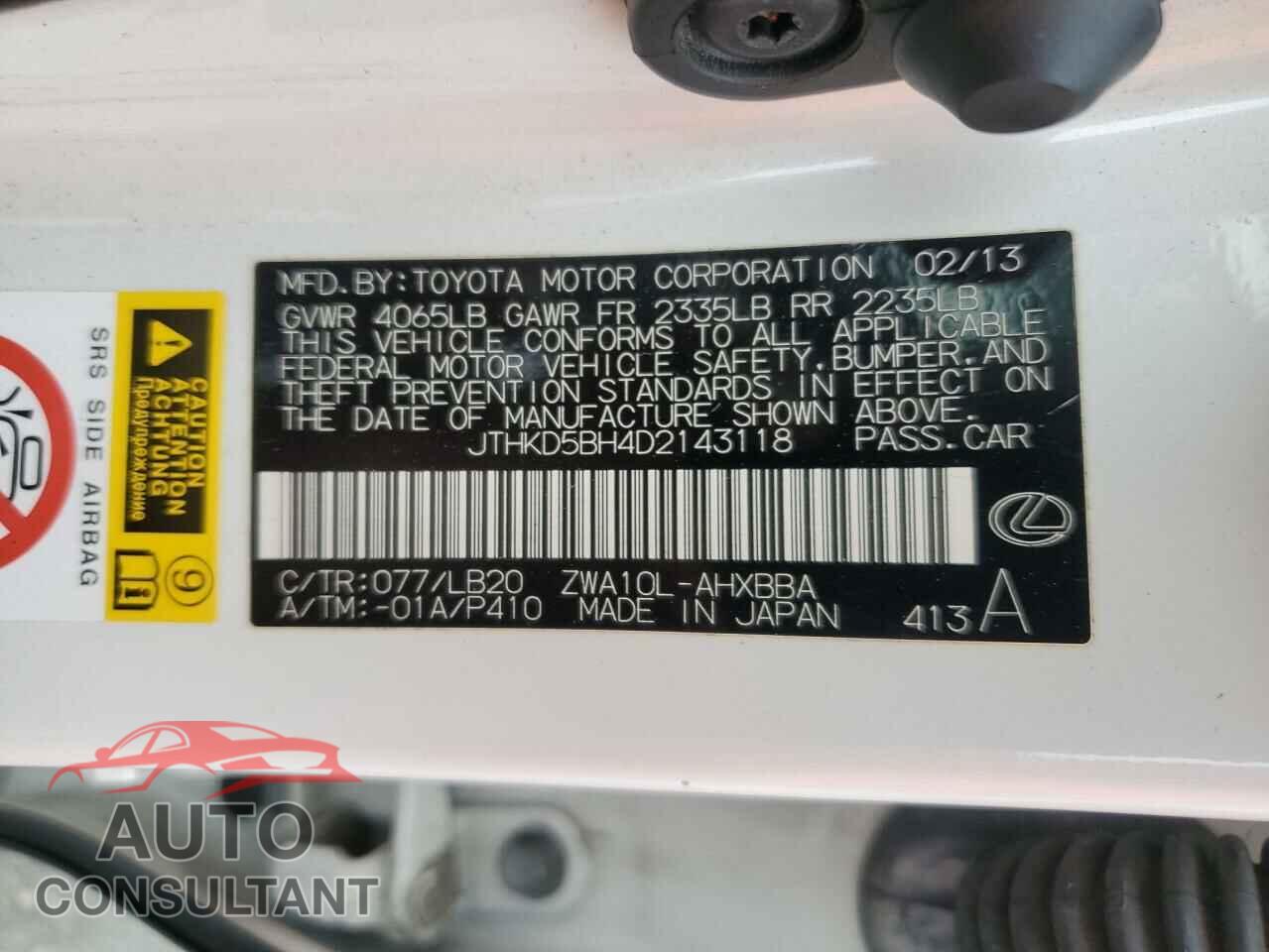 LEXUS CT 200 2013 - JTHKD5BH4D2143118