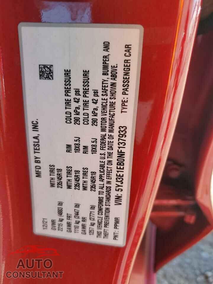 TESLA MODEL 3 2022 - 5YJ3E1EB0NF137933