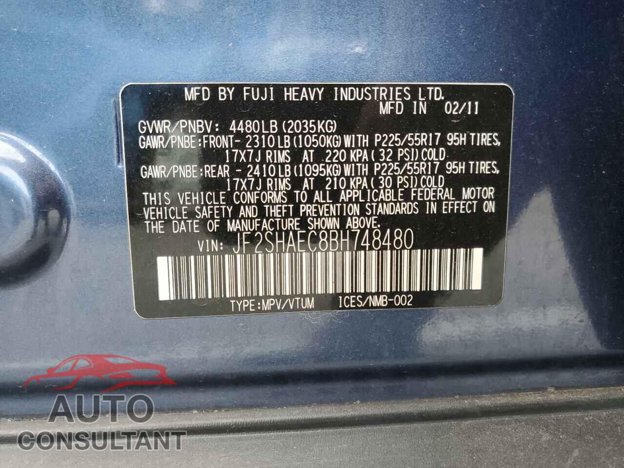 SUBARU FORESTER 2011 - JF2SHAEC8BH748480