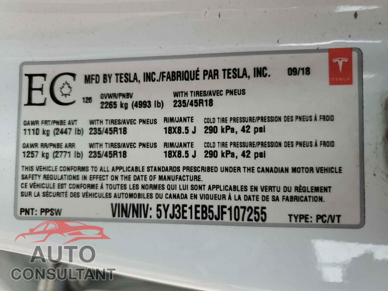 TESLA MODEL 3 2018 - 5YJ3E1EB5JF107255