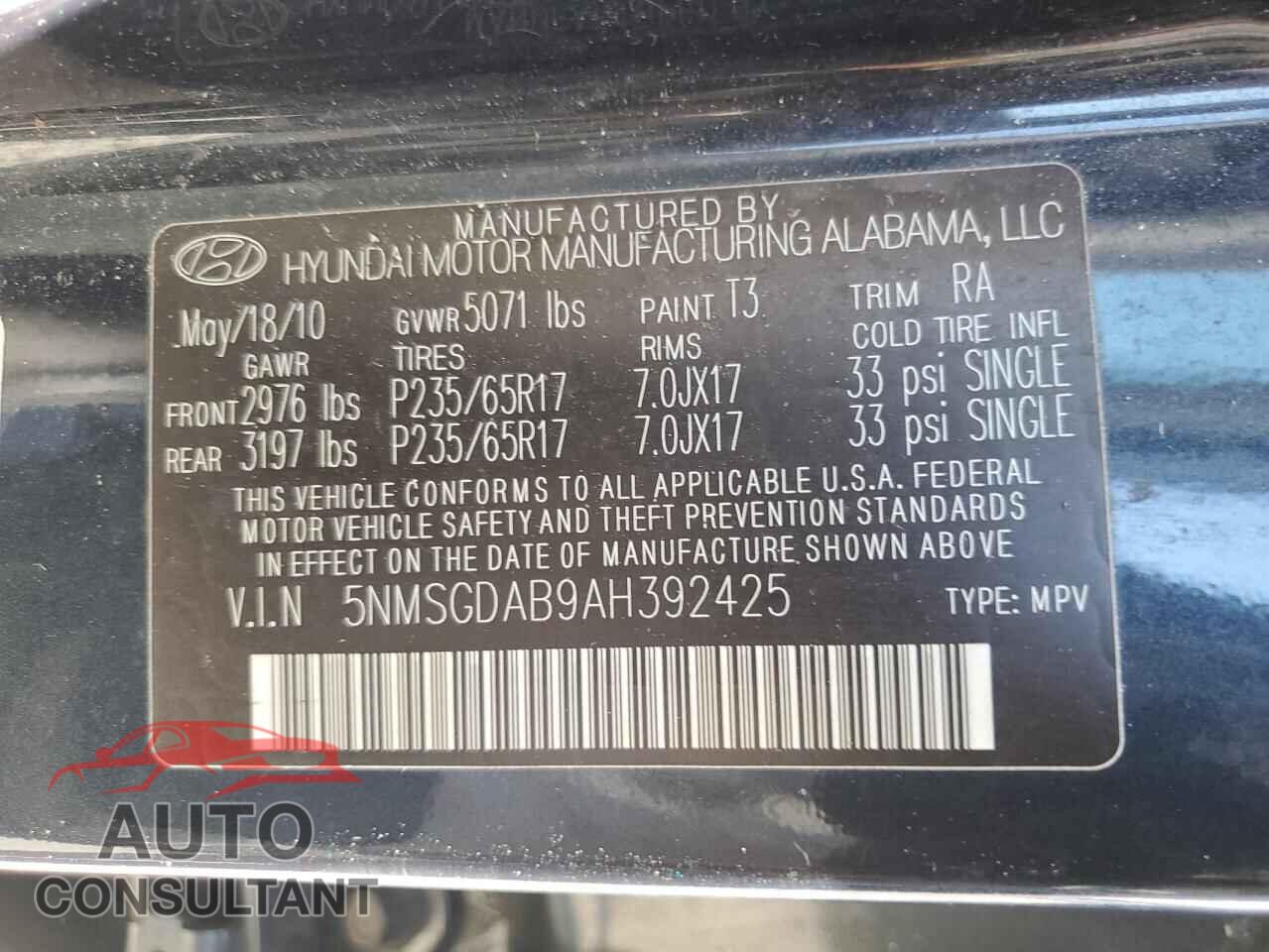 HYUNDAI SANTA FE 2010 - 5NMSGDAB9AH392425