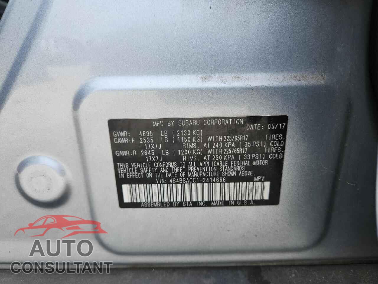 SUBARU OUTBACK 2017 - 4S4BSACC1H3414666