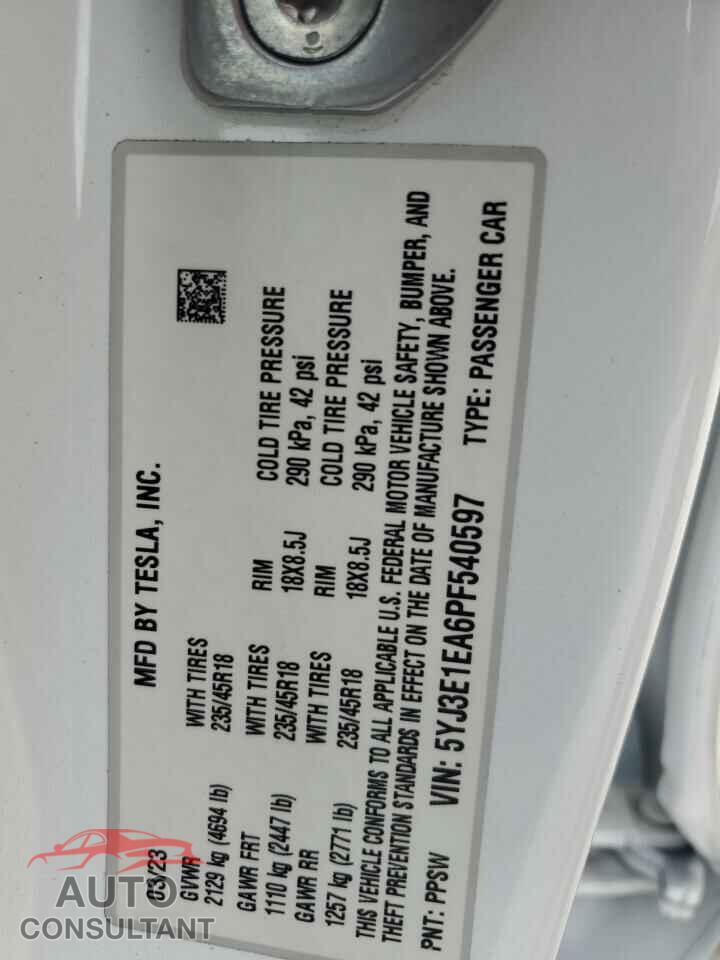 TESLA MODEL 3 2023 - 5YJ3E1EA6PF540597