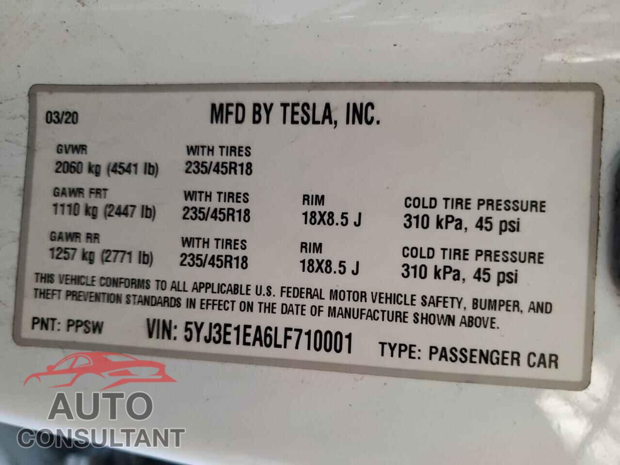 TESLA MODEL 3 2020 - 5YJ3E1EA6LF710001