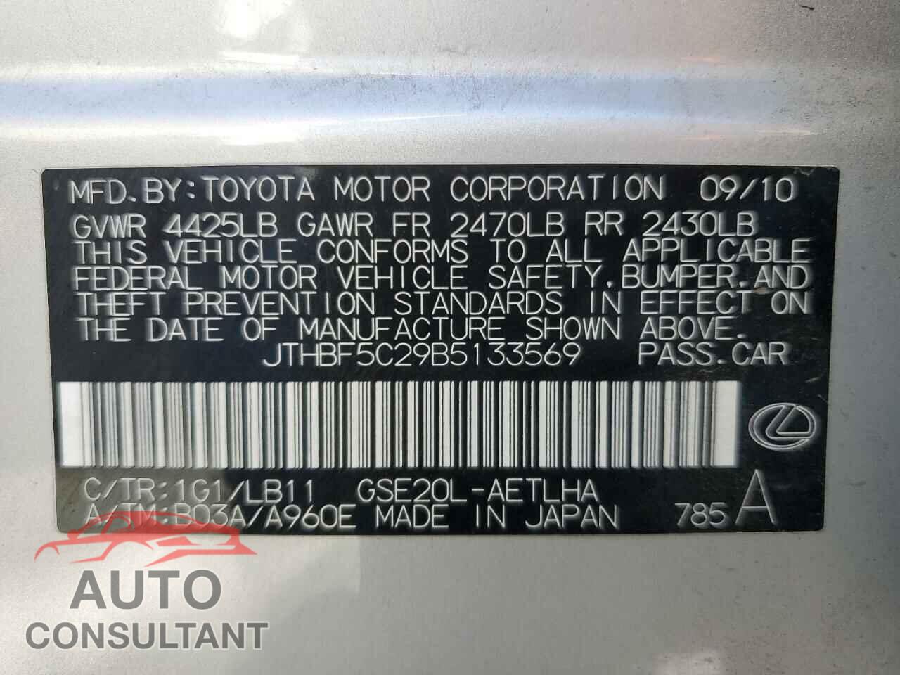 LEXUS IS 2011 - JTHBF5C29B5133569