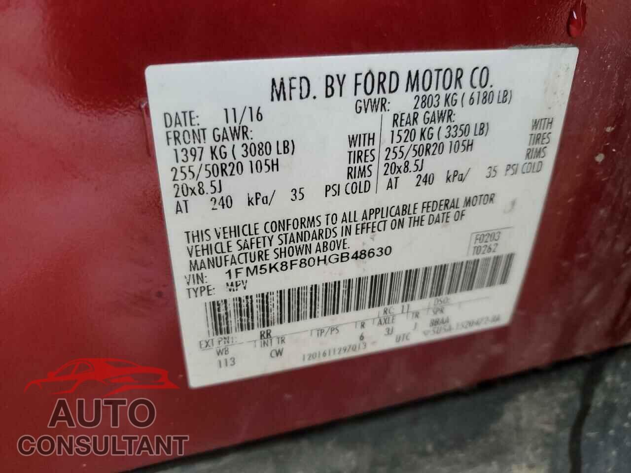 FORD EXPLORER 2017 - 1FM5K8F80HGB48630