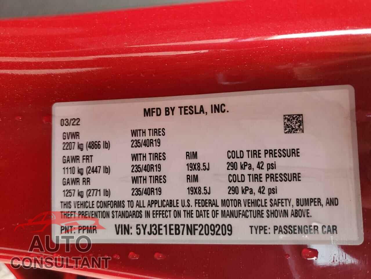 TESLA MODEL 3 2022 - 5YJ3E1EB7NF209209