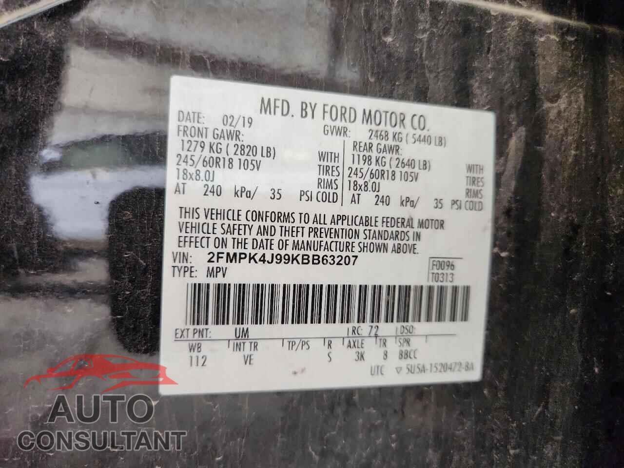 FORD EDGE 2019 - 2FMPK4J99KBB63207