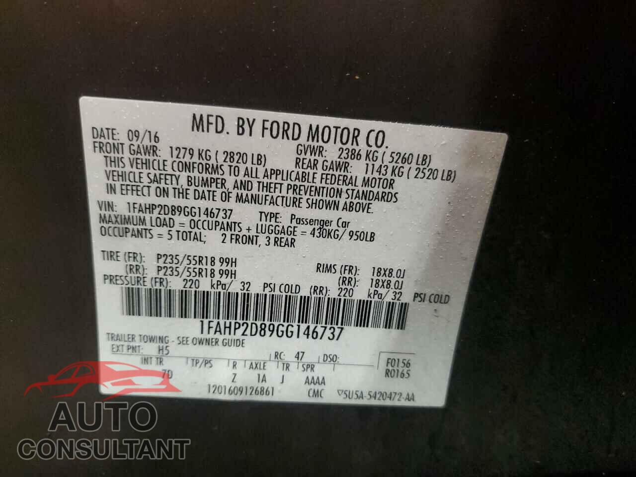 FORD TAURUS 2016 - 1FAHP2D89GG146737