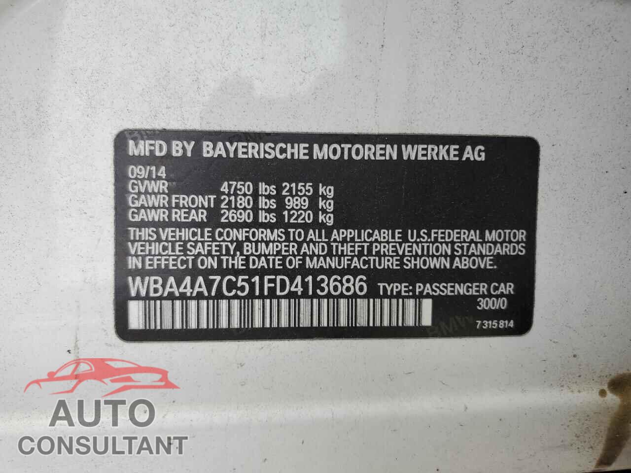 BMW 4 SERIES 2015 - WBA4A7C51FD413686