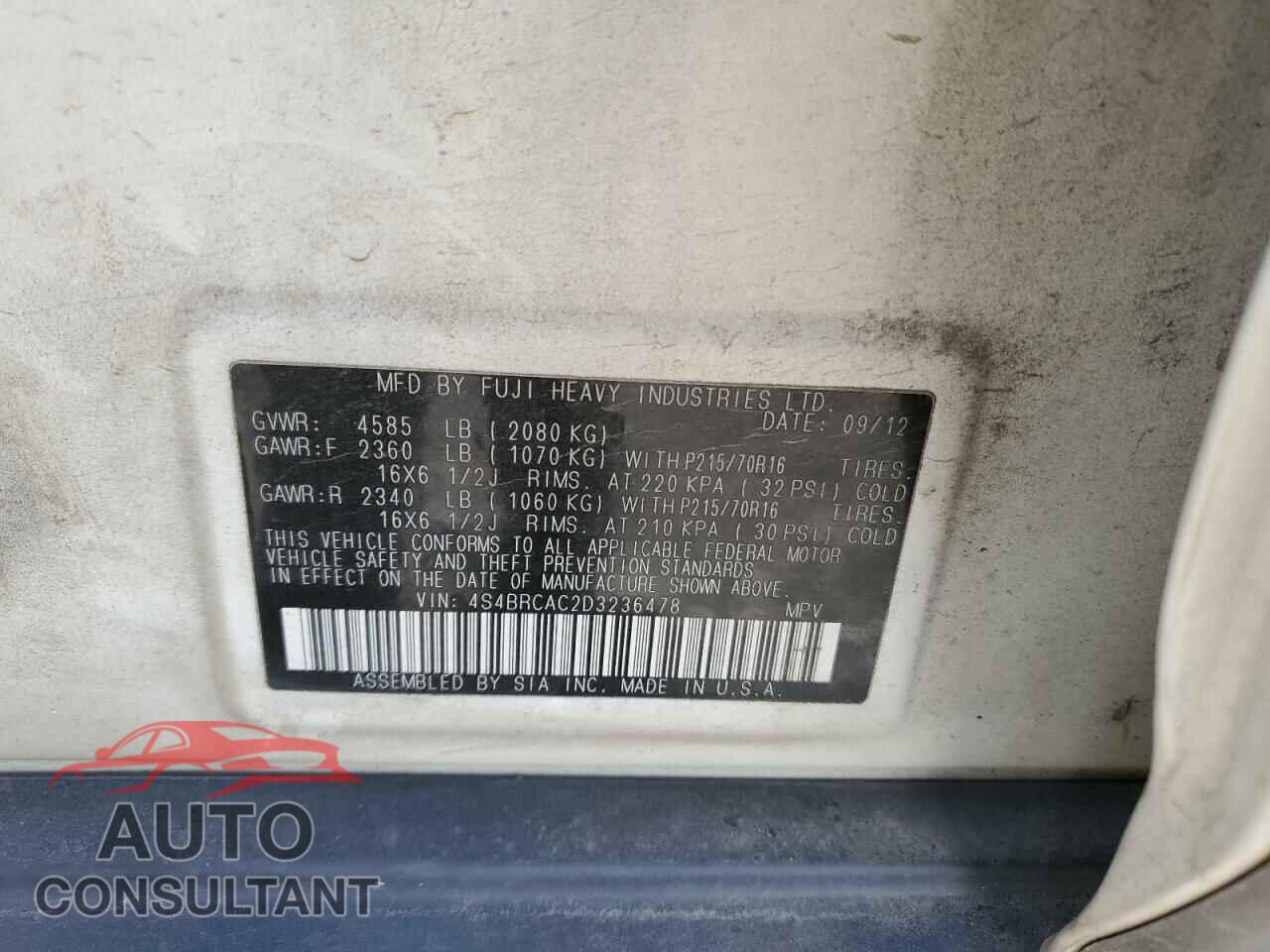 SUBARU OUTBACK 2013 - 4S4BRCAC2D3236478