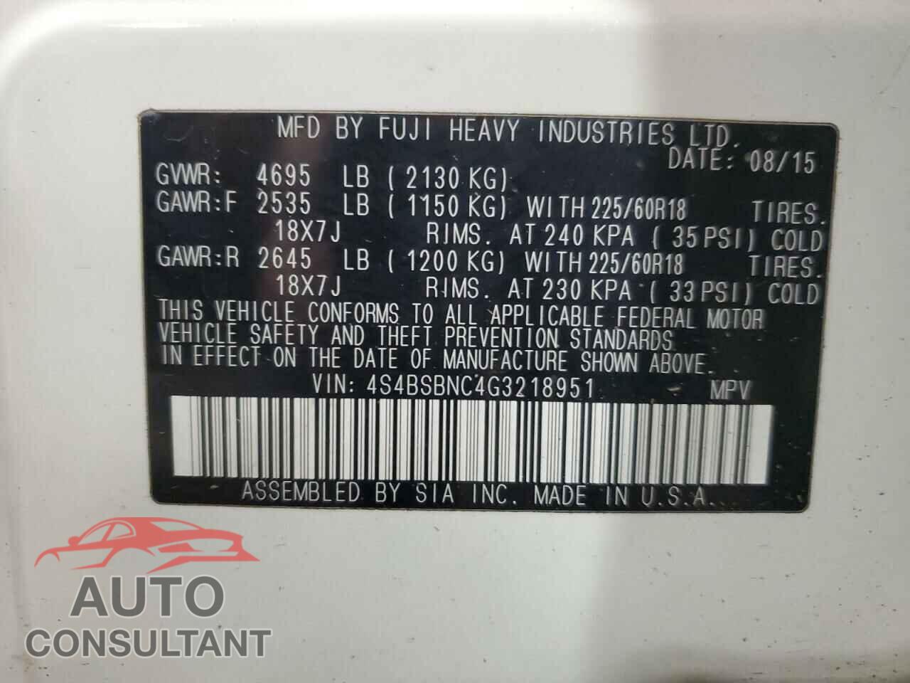 SUBARU OUTBACK 2016 - 4S4BSBNC4G3218951