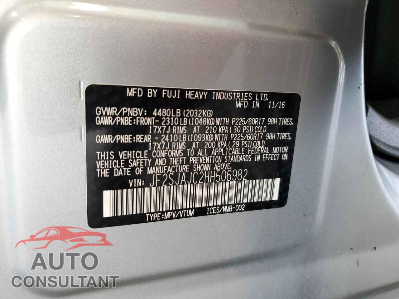 SUBARU FORESTER 2017 - JF2SJAJC2HH506982