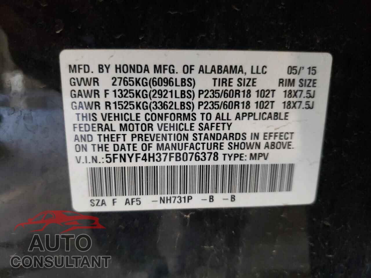 HONDA PILOT 2015 - 5FNYF4H37FB076378