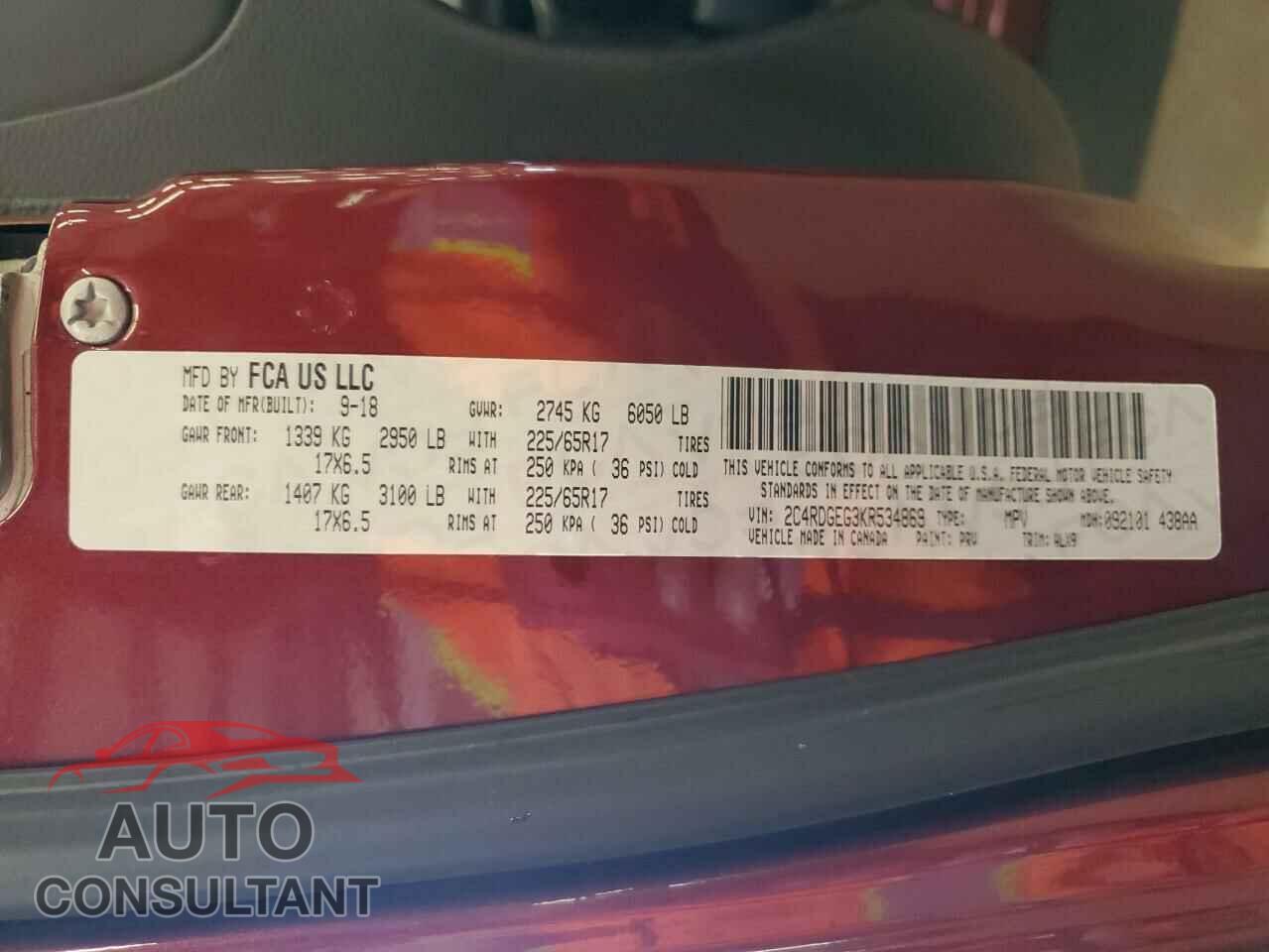 DODGE CARAVAN 2019 - 2C4RDGEG3KR534869