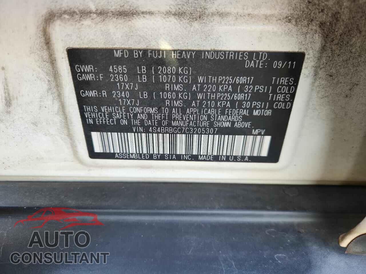 SUBARU OUTBACK 2012 - 4S4BRBGC7C3205307