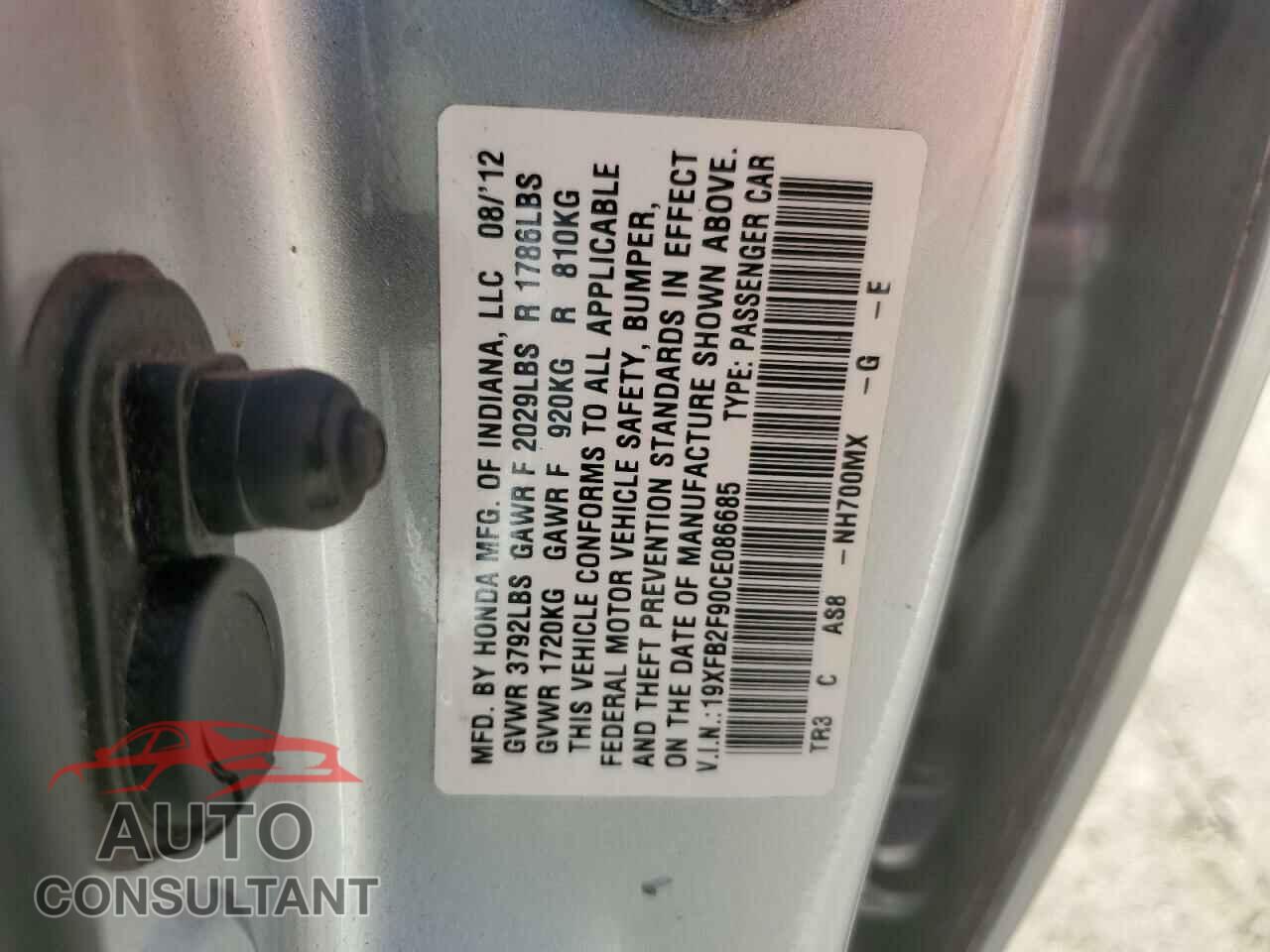 HONDA CIVIC 2012 - 19XFB2F90CE086685