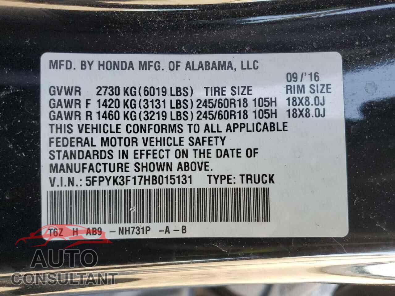 HONDA RIDGELINE 2017 - 5FPYK3F17HB015131