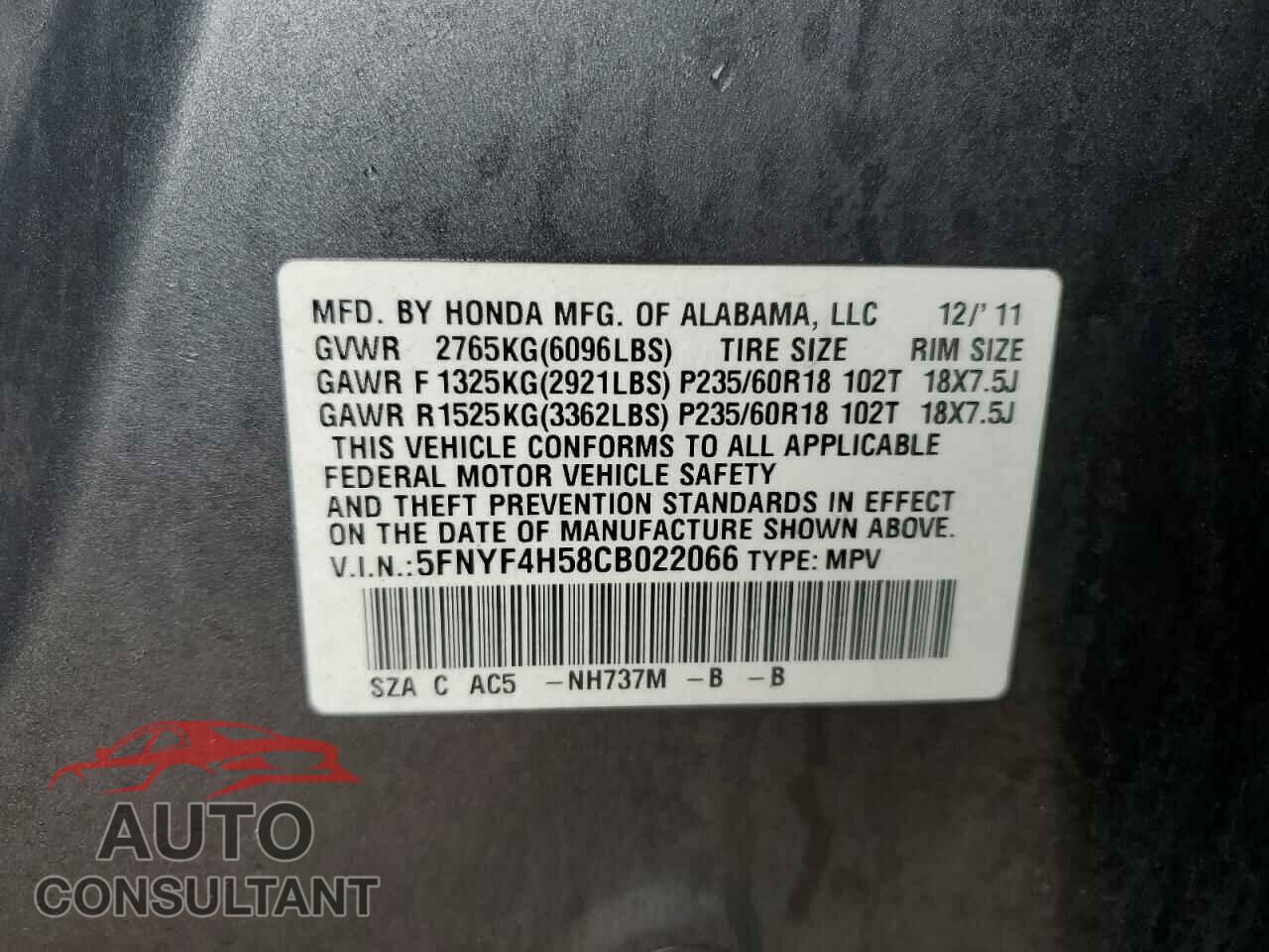 HONDA PILOT 2012 - 5FNYF4H58CB022066