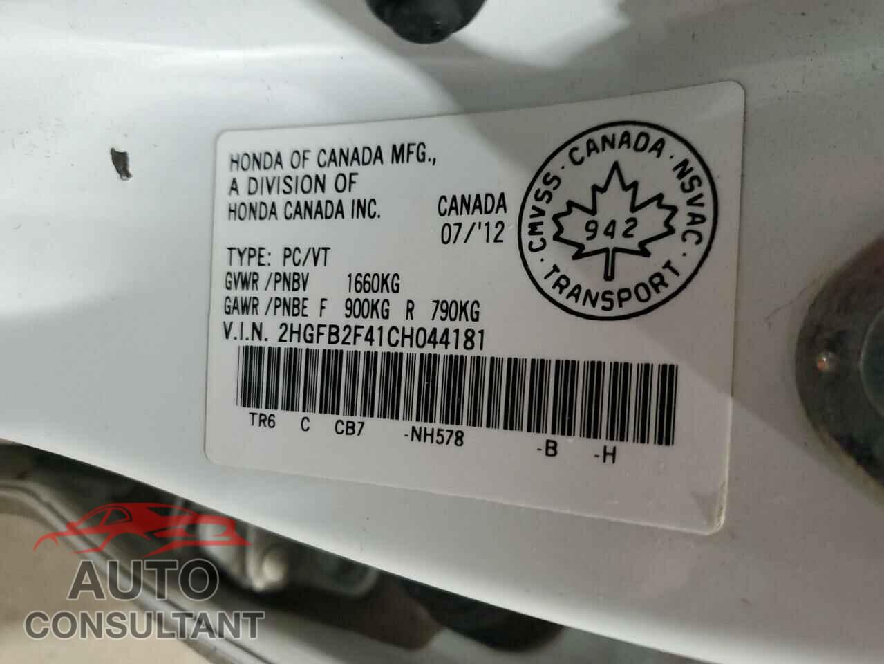 HONDA CIVIC 2012 - 2HGFB2F41CH044181
