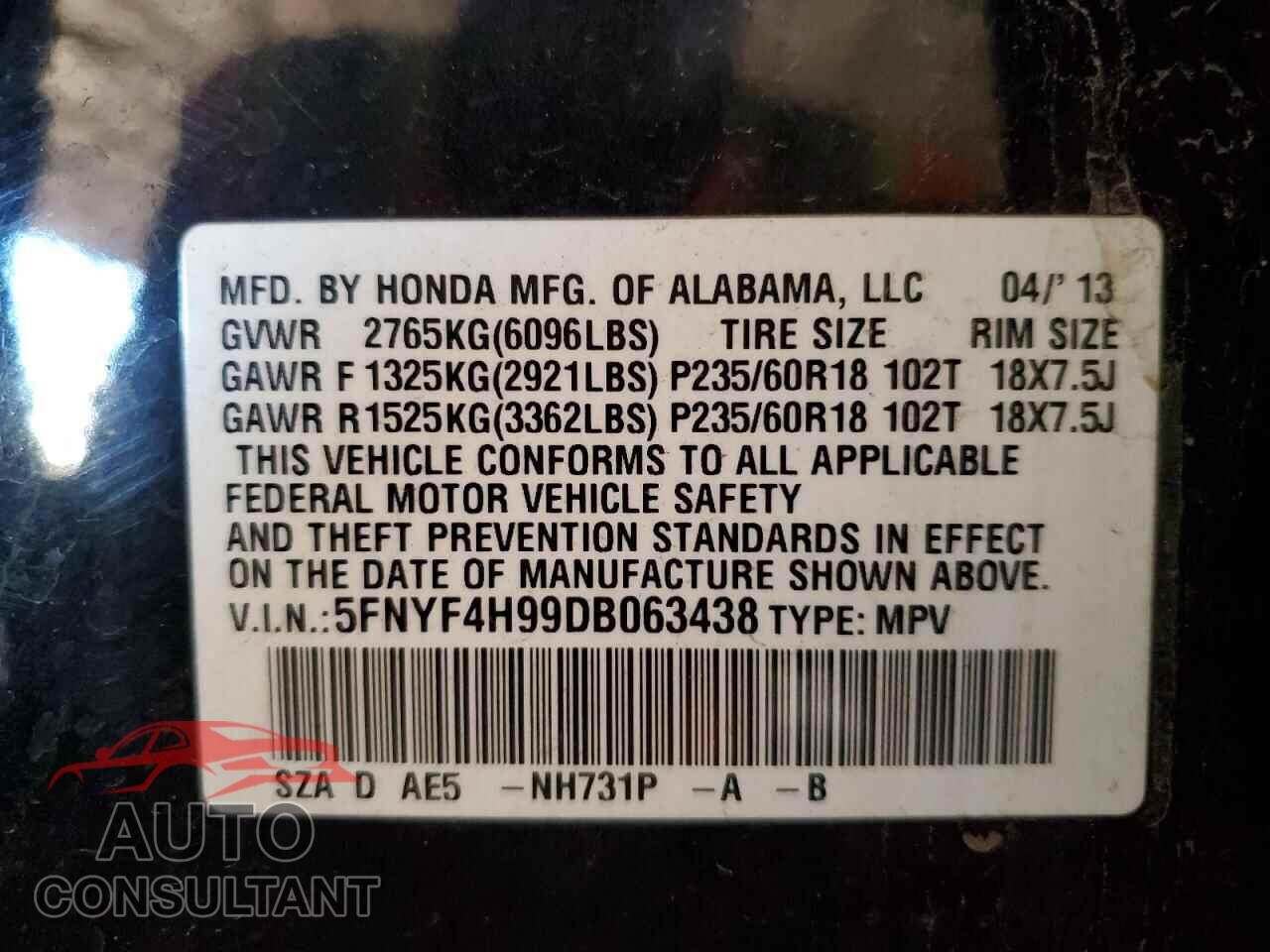 HONDA PILOT 2013 - 5FNYF4H99DB063438