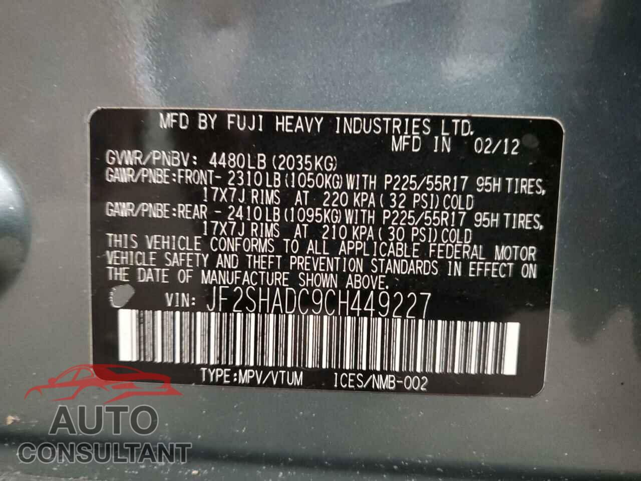 SUBARU FORESTER 2012 - JF2SHADC9CH449227