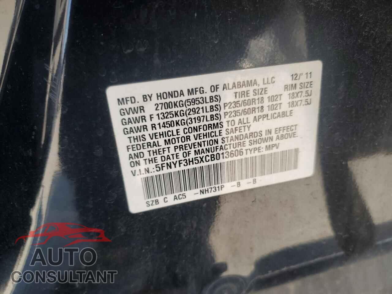 HONDA PILOT 2012 - 5FNYF3H5XCB013606