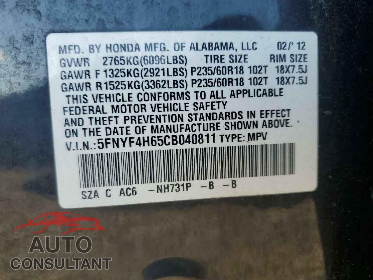 HONDA PILOT 2012 - 5FNYF4H65CB040811