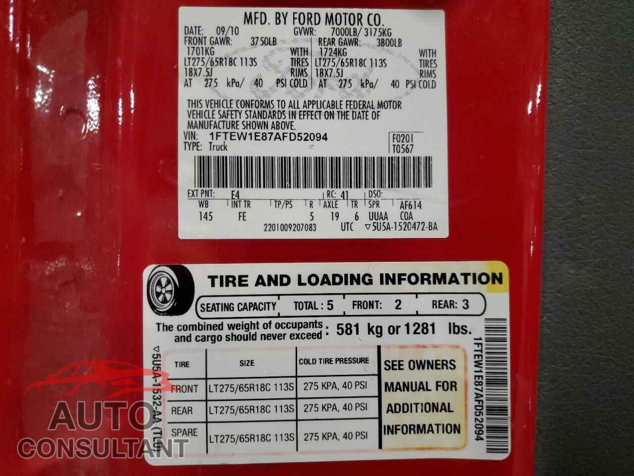 FORD F-150 2010 - 1FTEW1E87AFD52094
