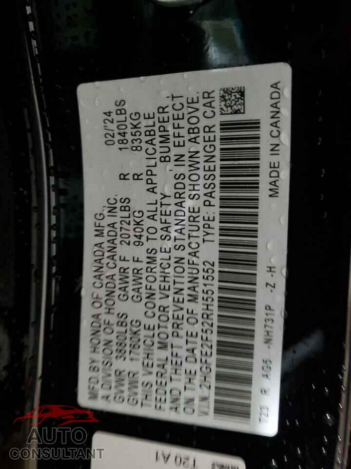 HONDA CIVIC 2024 - 2HGFE2F52RH551552