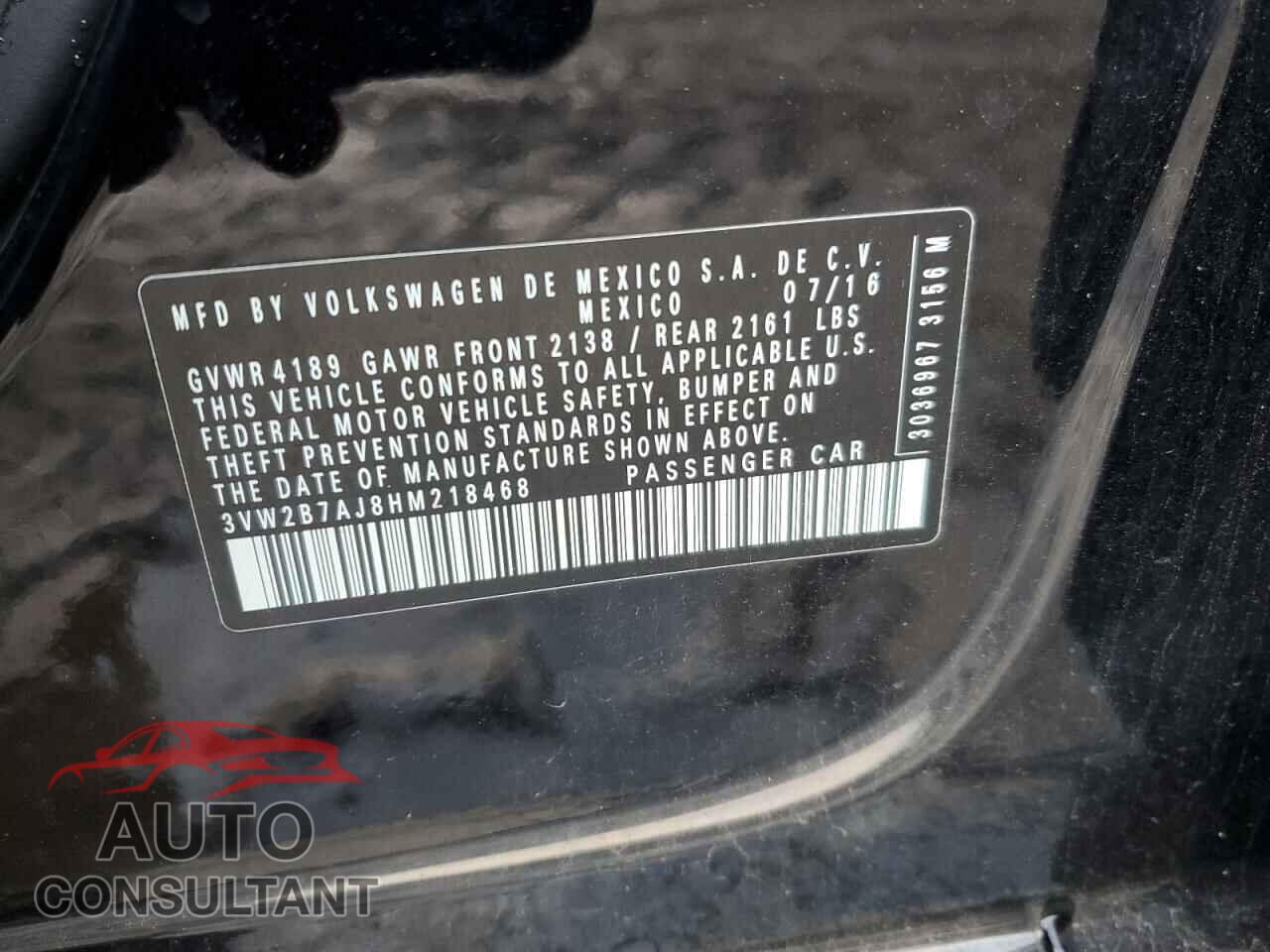 VOLKSWAGEN JETTA 2017 - 3VW2B7AJ8HM218468