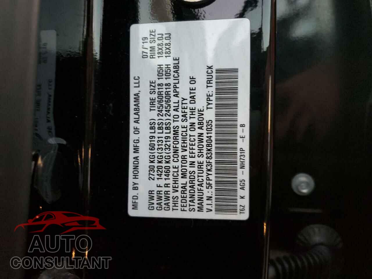 HONDA RIDGELINE 2019 - 5FPYK3F83KB041035