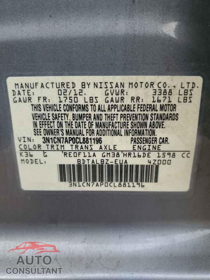 NISSAN VERSA 2012 - 3N1CN7AP0CL881196