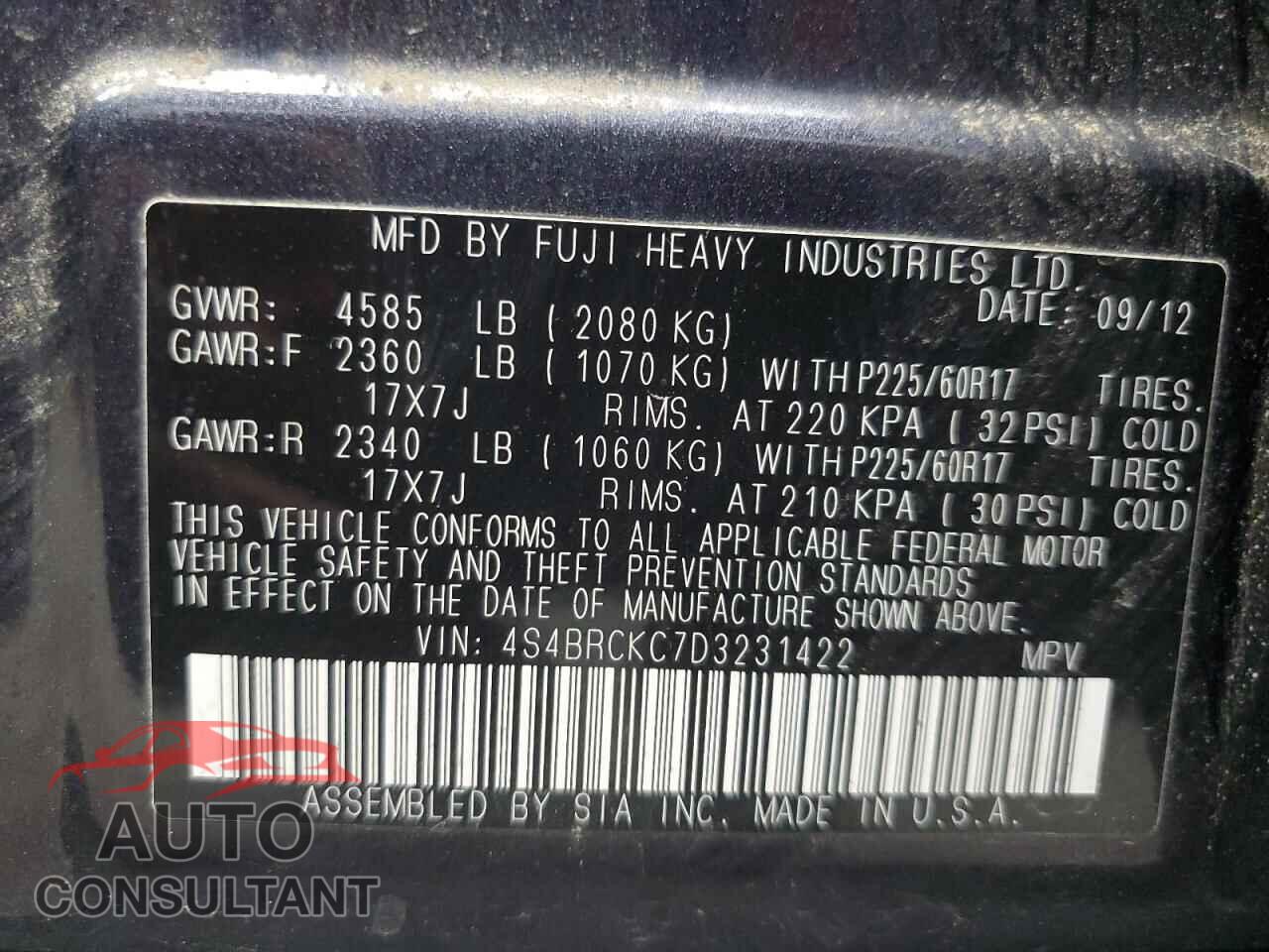 SUBARU OUTBACK 2013 - 4S4BRCKC7D3231422