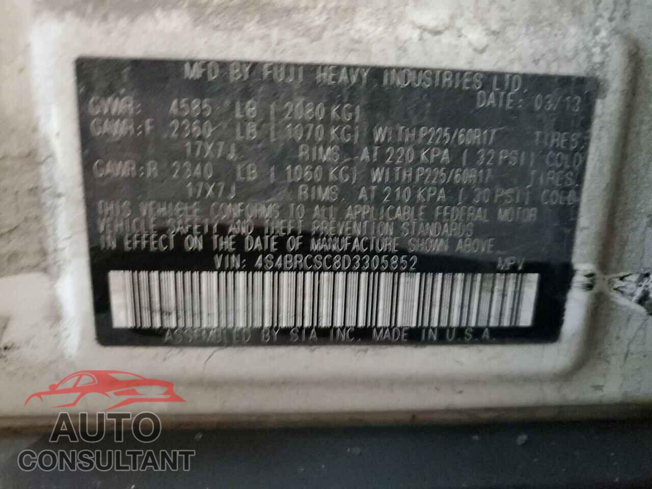 SUBARU OUTBACK 2013 - 4S4BRCSC8D3305852
