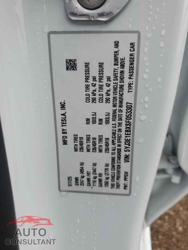 TESLA MODEL 3 2025 - 5YJ3E1EBXSF053307