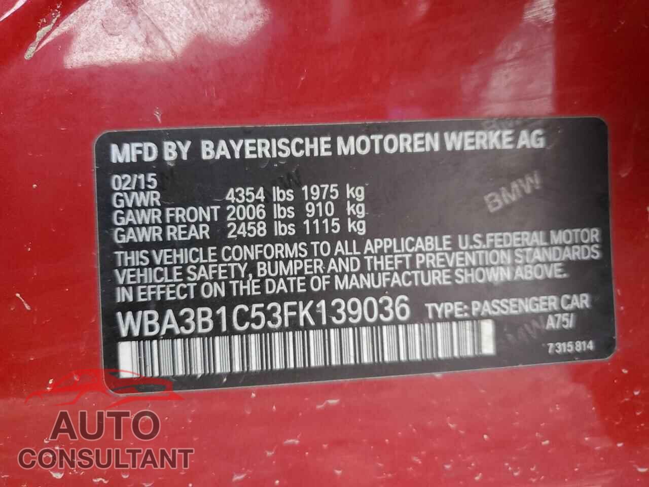 BMW 3 SERIES 2015 - WBA3B1C53FK139036