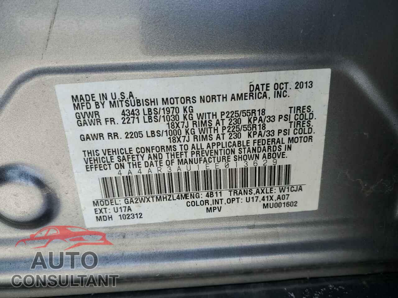 MITSUBISHI OUTLANDER 2014 - 4A4AR3AU1EE013629