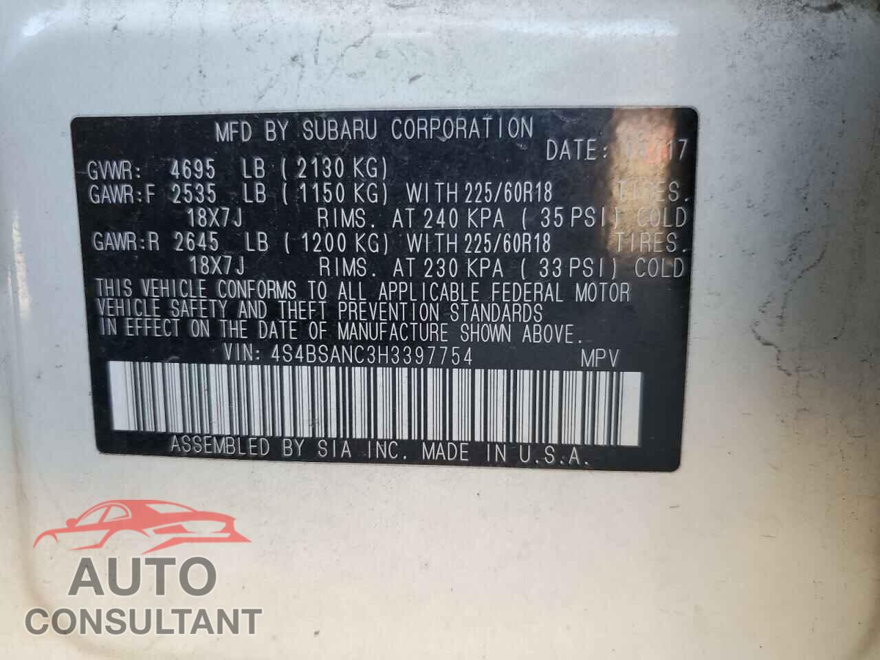 SUBARU OUTBACK 2017 - 4S4BSANC3H3397754