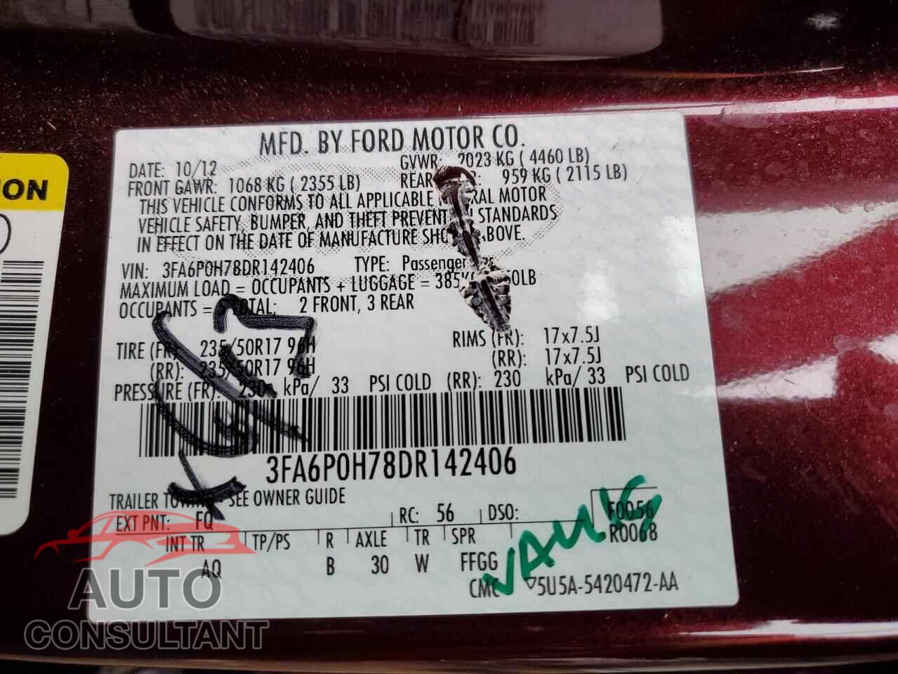 FORD FUSION 2013 - 3FA6P0H78DR142406