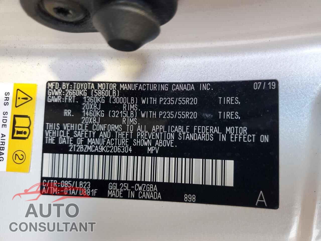 LEXUS RX350 2019 - 2T2BZMCA9KC206304