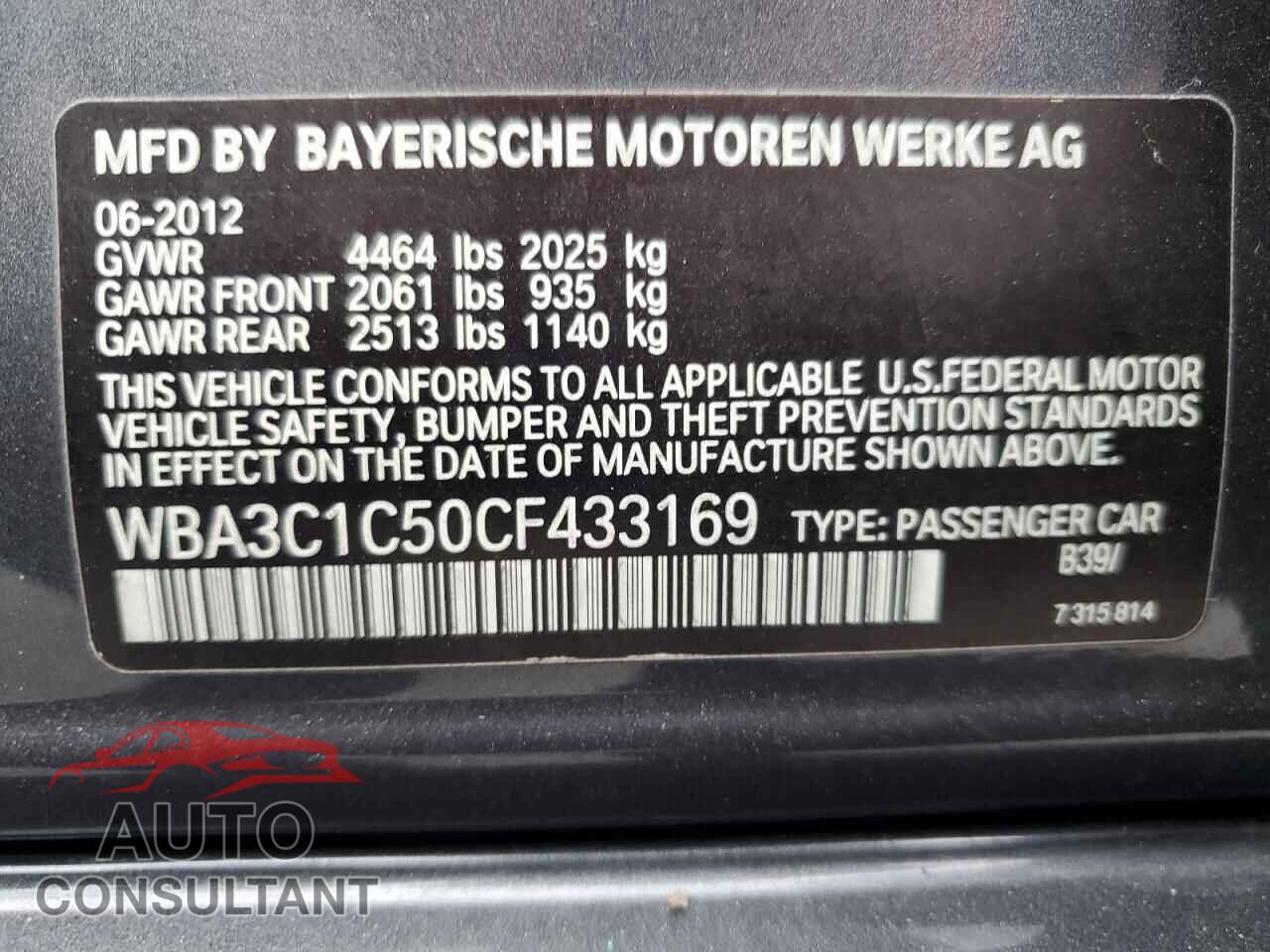 BMW 3 SERIES 2012 - WBA3C1C50CF433169
