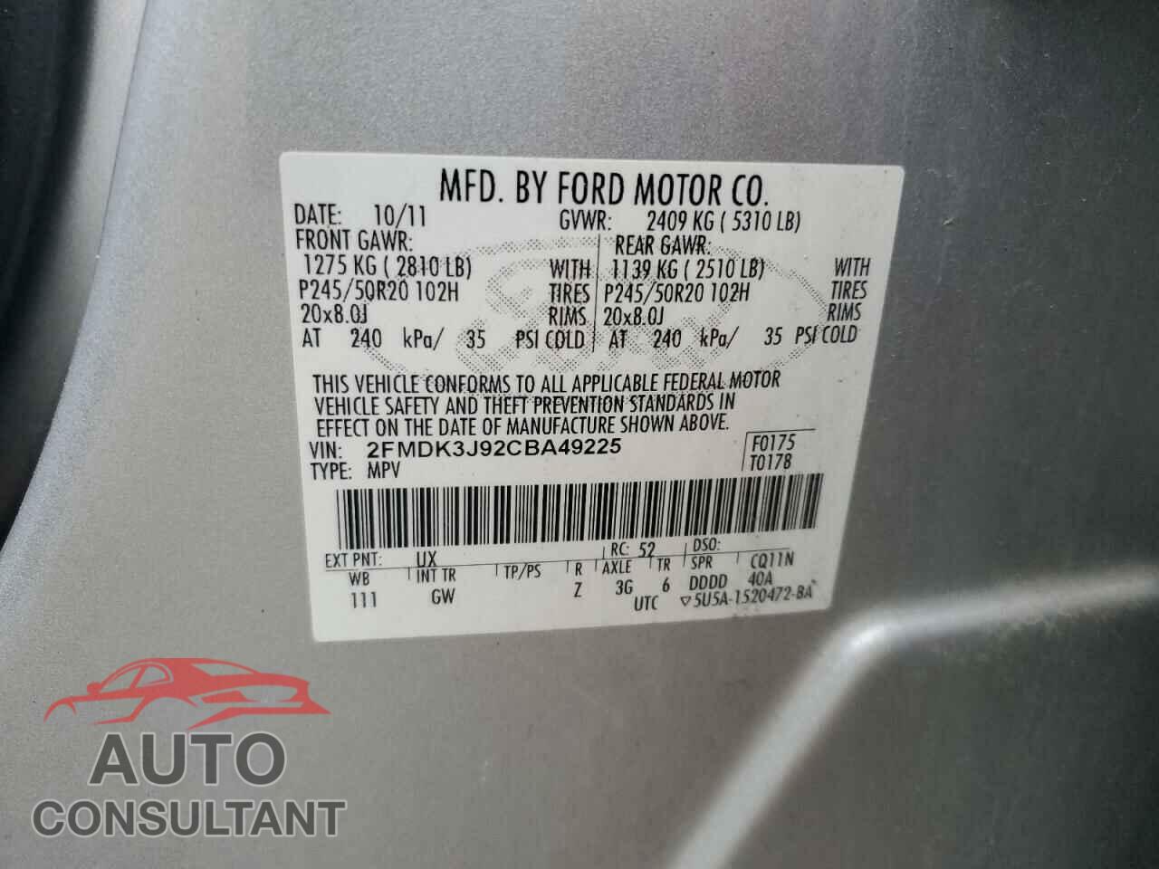 FORD EDGE 2012 - 2FMDK3J92CBA49225