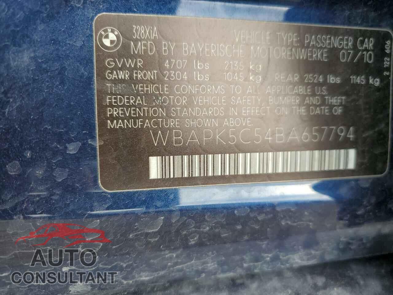 BMW 3 SERIES 2011 - WBAPK5C54BA657794
